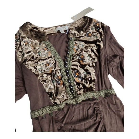 NEW Lucy Paris Brown Velvet Embroidered Sequin Boho Ruched Long Sleeve Top Large - Picture 6 of 12